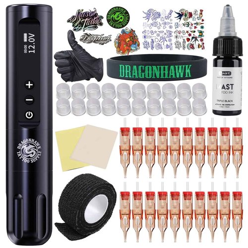 Dragonhawk Tattoo Gun Kit Cordless L1 Tattoo Pen Machine Pro Complete Tattoo Kit Black Inks Brushless Motor 3400mAh Battery Supply for Beginner