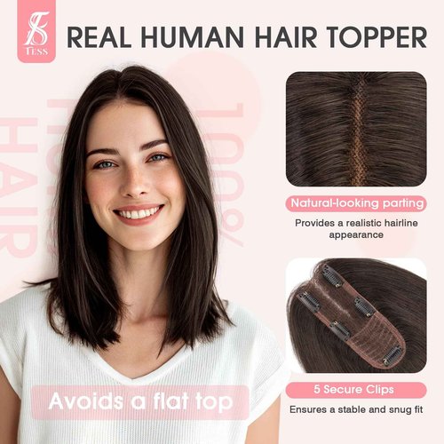 TESS Hair Toppers for Women with Thinning Hair Real Human Hair Toppers Hair Pieces for Women, 2"*6" Lace Base 150% Density 10 inch Dark Brown