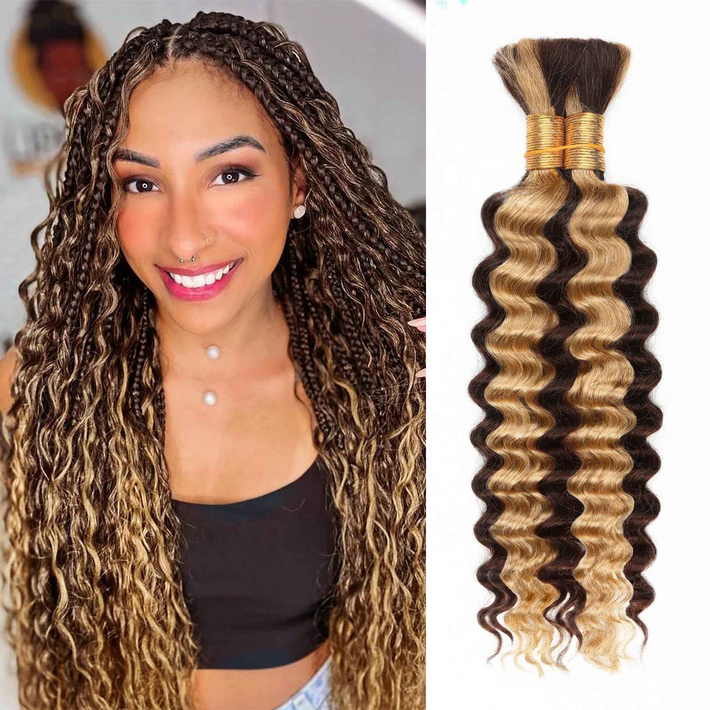 4/27 Honey Blonde Human Braiding Hair Deep Wave Bulk Human Hair,Highlight No Weft Curly Braiding Hair Extensions for Boho Braids Wet and Wavy Braiding Human Hair Bundles(24inch,4/27,100g)