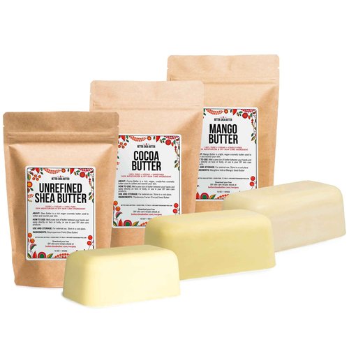 Better Shea Butter Set of Raw Shea Butter, Raw Mango Butter, Unrefined Cocoa Butter For Soap Making and DIY Body Butters, Lip Balms, Body Lotions - Each Butter is 16 oz Making 48 oz Total (3-Pack Set)