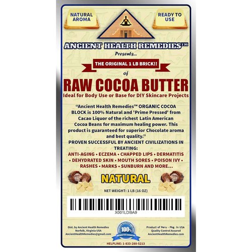 ANCIENT HEALTH REMEDIES Organic Unrefined Raw NATURAL COCOA (CACAO) BUTTER BLOCK Bulk Size Rich Chocolate Aroma For Lip Balms DIY Base for Body Butter (16oz)