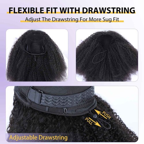 V SHOW Afro Curly 3 In 1 Half Wig Human Hair Elastic Drawstring Wear Go Glueless Kinky Curly Human Hair Half Wigs Friendly To Beginners 180% Density Natural Hairline Flip Over Wig 16Inch
