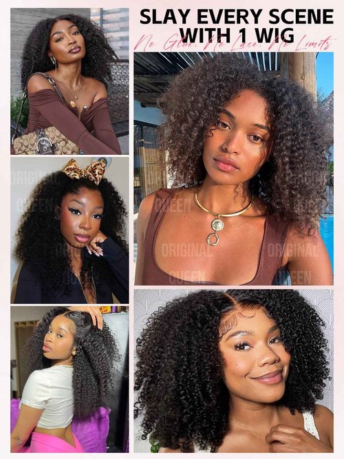 ORIGINAL QUEEN Kinky Curly Half Wig Human Hair Wear And Go Glueless Wigs Curly 3 In 1 Half Wigs for Women Drawstring Seamless Flip Over Glueless Wigs Beginner Friendly 18 Inch