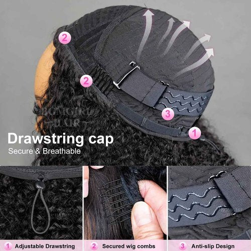 BGM GIRL Half Wig Human Hair Water Wave 3 in 1 Wigs Beginner Friendly Flip Over Drawstring Glueless Wig Ready to Go Seamless Clip in Wigs Natural Black Color 18 Inch