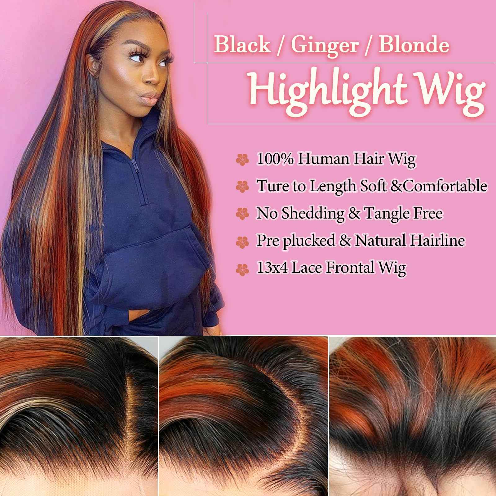 Ginger Blonde Highlight Lace Front Wigs Human Hair Skunk Stripe 13x4 Lace Frontal Wig Straight Black Ginger and Blonde Ombre Colored Wigs Glueluess Human Hair 20 Inch 180% Density Pre Plucked