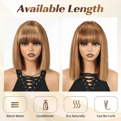 ELLORS 12 Inch Highlight Bob Wig Human Hair With Bangs Glueless 2x1 HD Lace Wigs, Short Wigs For Women Yaki Straight
