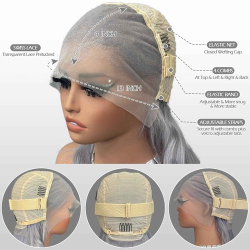 Bestvivid Dark Grey HD Lace Bob wig Straight Human Hair 10inch Pre Plucked Short Cut Peruvian Virgin Hair 180% Density Glueless Gray Bob Wig 13x4 Transparent Lace Middle Part for Black Women