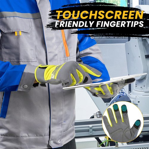 HANDLANDY Touchscreen Work Gloves for Men and Women, Utility Breathable Mechanic Working Glove for Yardwork Gardening (Yellow-Grey, Small)