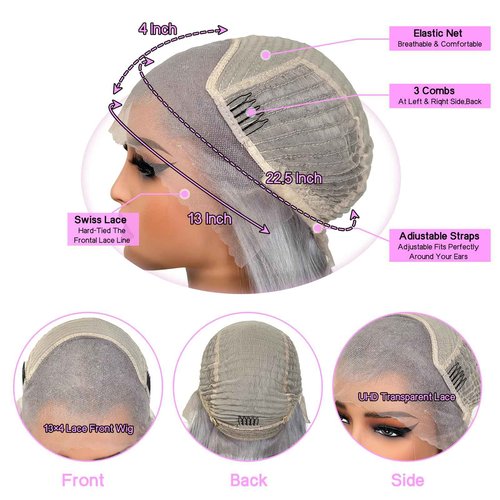 Mscathy 200% Grey Human Hair Wigs Straight 13×4 UHD Transparent Pre Plucked Pre Cut Gray Lace Front Wig Virgin Human Hair Glueless Lace Front Wigs for Women 18 Inch