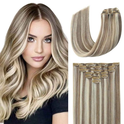 EYEFULL STELL Clip in Hair Extensions Real Human Hair 16 inch 120g 7PCS Natural Straight Remy Ash Brown Highlights Platinum Blonde Clip on for Women Invisible Double Weft Layered Thick Clip ins Hair