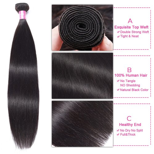 Peruvian Straight Human Hair Bundles with Closure(12" 14" 16"+10") Unprocessed Virgin Human Hair 3 Bundles with Closure 10A Straight Hair Weave Bundles with Lace Closure Natural Color