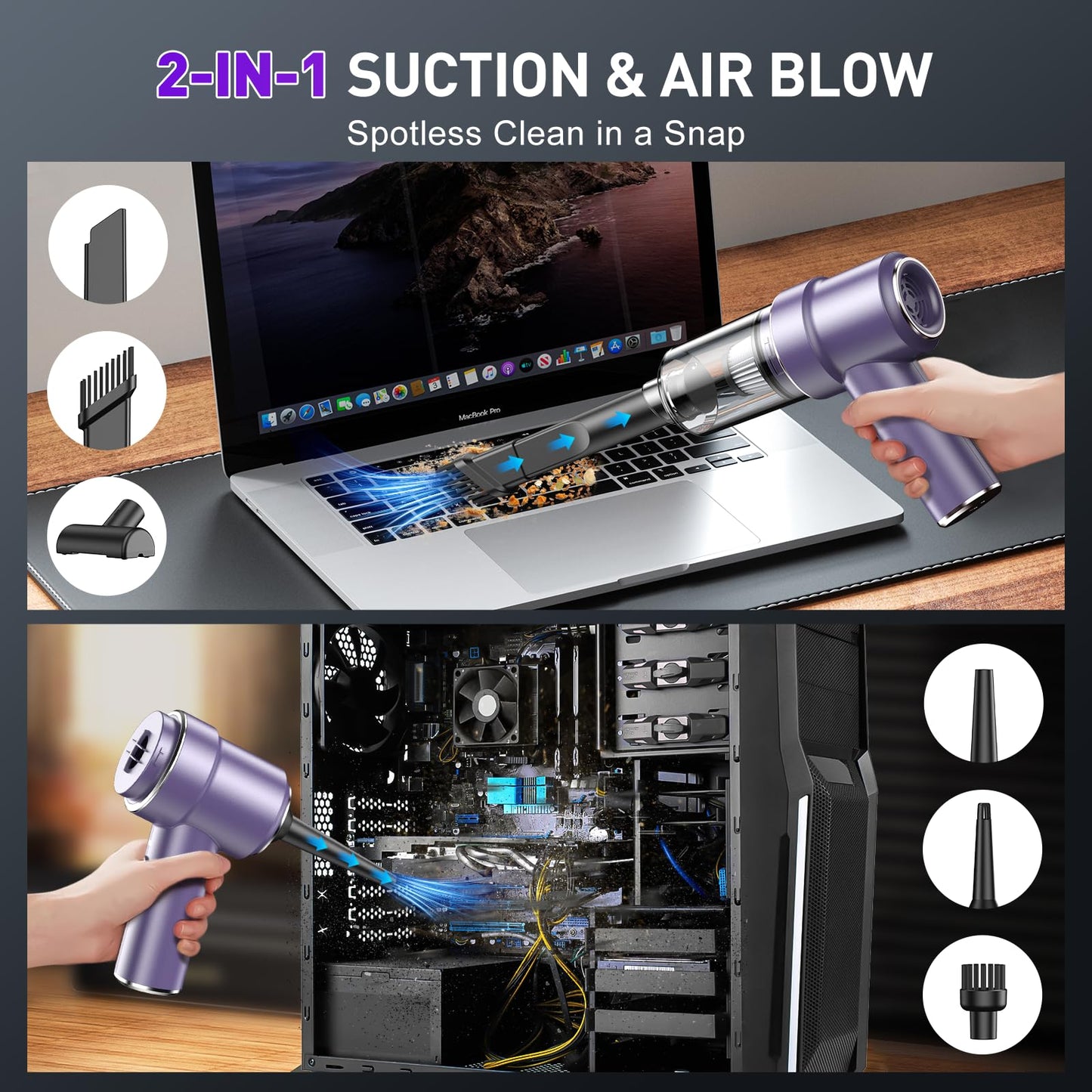 KMM Handheld Car Vacuum Cleaner, 11000PA Vacuum Cleaner & Air Duster, 120W High Power Vacuum Portable Cordless, Hand Held Vacuum Rechargeable with Multi-Nozzles & LED Light for Home, Car, Office