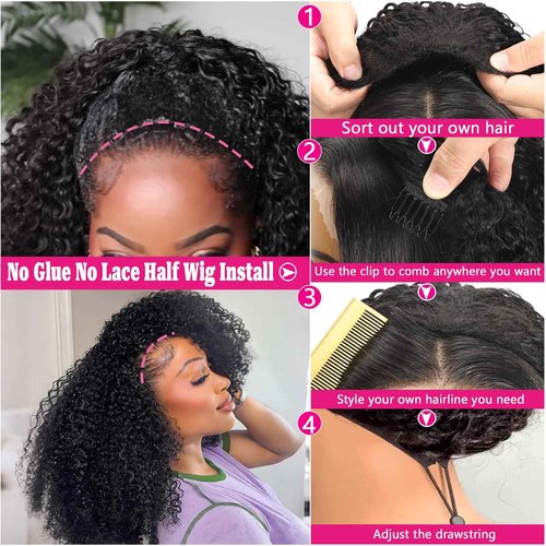 Rolisy Kinky Curly Half Wig Human Hair 20 Inch Glueless Curly Half Wig 220 Density Drawstring Seamless Flip Over Invisible Hairline Half Wigs Human Hair Beginner Friendly Headband Wig for Women