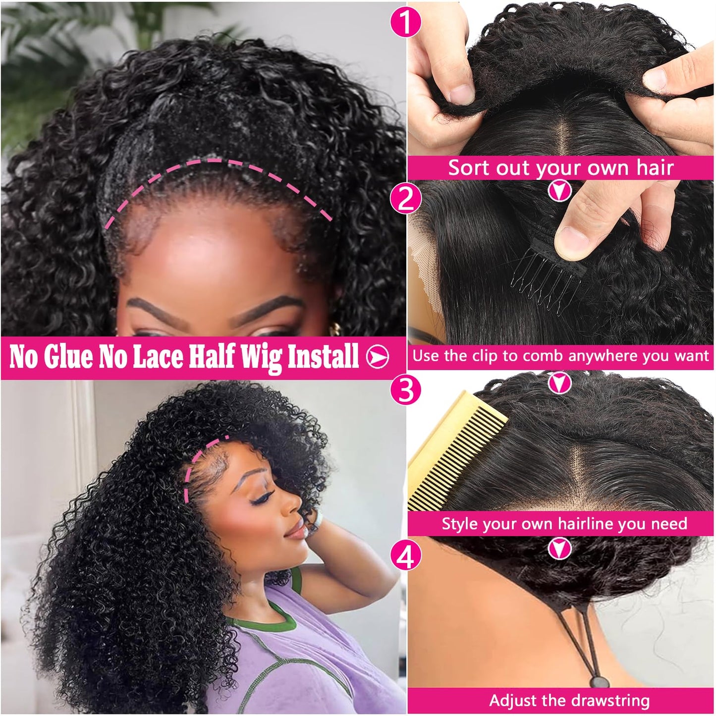 Kinky Curly Half Wig Human Hair 220% Density 3 In 1 True To length Flip Over Curly Edges Drawstring Half Wigs For Black Women Glueless Wear Go Afro Curly Headband Wigs For Beginner Friendly 16 Inch