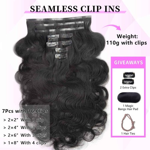 FBLhair 22 inch Seamless Body Wave Clip in Extensions Real Human Hair Extensions Clip Ins 110g 7pcs Thick Invisible Clip in Hair Extensions #1B Natural Black