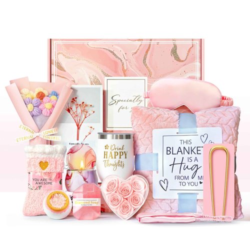 Rose Scented Spa Gift Set Luxury Self Care Package for Women with Plush Flannel Blanket ,Get Well Soon &Gold Metal Hair Clip, Mothers Day Birthday Gifts for Mom Her Friend Sister Wife Grandma