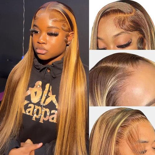Teveshine 24inch Brown Highlighted Wig Human Hair 13x6 Straight Lace Front Wigs Human Hair Pre Plucked With Baby Hair 180% Density Glueless 4/27 Blonde Highlight Wig