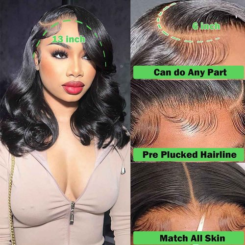 Bob Wig Human Hair 13x6 HD Lace Front Wigs Human Hair 200 Density Body Wave Lace Front Wigs Pre Plucked 16 inch Short Bob Wigs for Women Glueless Wig