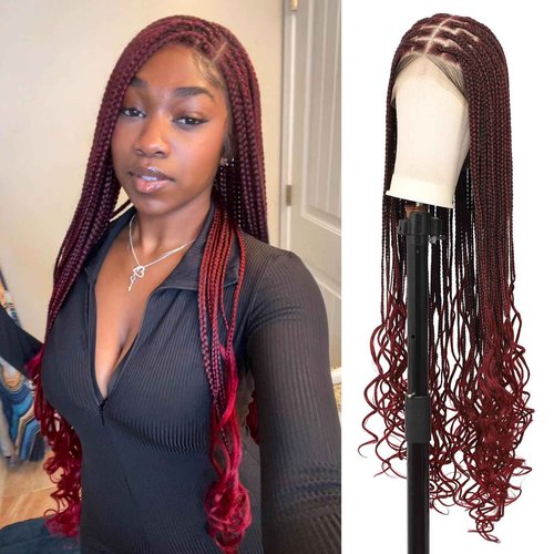 Youthfee 360° HD Full Lace Knotless Braided Wigs for Women with Boho Curly Ends Braided Lace Front Wigs with Baby Hair Premium Synthetic Burgundy Natural Box Braid Wig 36 Inch