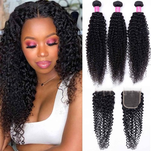 Brazilian Curly Human Hair Bundles with Closure 10A Kinky Curly Bundles and Closure Unprocessed Virgin 3 Bundles with 4x4 Lace Closure Kinky Curly Weave Human Hair Bundles(18 20 22+16) Natural Color