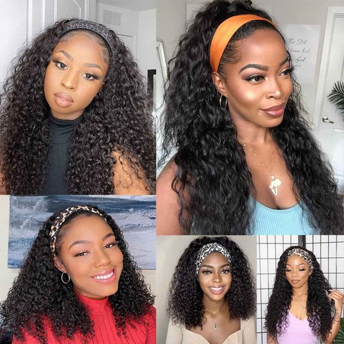 Youngirl Deep Wave Headband Wig Human Hair 24 Inch Curly Headband Wigs for Black Women Human Hair Glueless None Lace Front Wigs Brazilian Virgin Hair Wig Machine Made 150% Density Natural Black Color