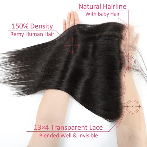 Straight Lace Frontal 13x4 Ear to Ear 100% Virgin Remy Human Hair Transparent HD Lace Frontal Closure 150% Density Straight Hair Closures With Baby Hair Natural Black (20 Inch)
