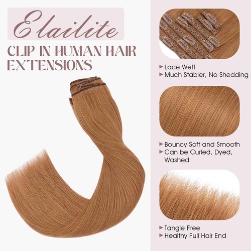 Elailite Clip in Hair Extensions Real Human Hair, Remy Hairpieces for Women, 7PCS Lace Weft Full Head, 20 Inch 120g Light Auburn