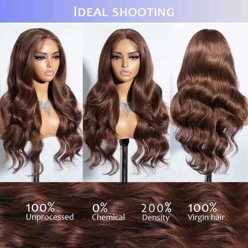 Eubeauty Chocolate Brown Lace Front wig 13×6 Body Wave Lace Front Wigs Human Hair 200 Density HD Lace Brown Human Hair wig Pre Plucked Pre Bleached Knots(Brown, 22 inch)