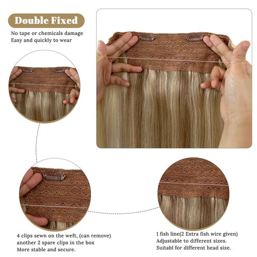 Wire Hair Extensions Real Human Hair, 22 inch 100g Ash Brown Highlighted Golden Blonde Fish Line Hair Extensions Real Human Hair Straight Balayage Invisible Wire Hair