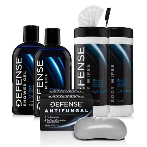 Defense Soap Antifungal Medicated Bar Soap 2-Pack, Tea Tree Body Wipes (40 Count) 2-Pack, & Body Wash 12 oz 2-Pack - Natural Shower Gel
