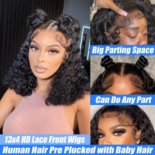 Kerberey 16 Inch Short Curly Bob Wigs Human Hair 13x4 Deep Wave Lace Front Wigs Human Hair for Black Women HD Lace Pre Plucked with Baby Hair Natural Black