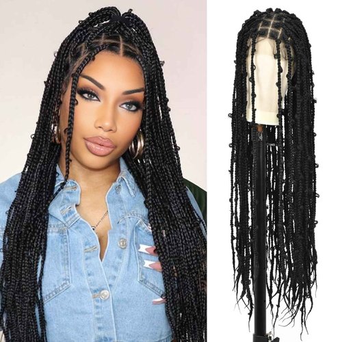 Lexqui 36" Knotless Box Braided Wigs for Women Butterfly Lace Braided Wigs Embroidery Full Double Lace Front Braided Wig with Baby Hair Synthetic Lace Frontal Braiding Hair Wigs Black