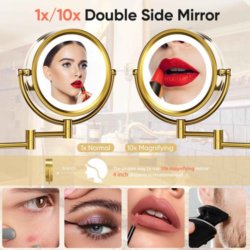 GURUN 8.5" Plug-in Magnifying Makeup Mirror with 3 Tones Dimmable LED Lights Double Sided Touch Control Wall Mounted Vanity Mirror for Bathroom with 10X Magnification M1809DGJ-T (Brushed Gold)