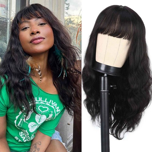Fancy Hair Wavy Brazilian Virgin Human Hair Wigs with Bangs for Black Women Lace Middle Part Glueless Body Wave Wig With Bangs for Women Natural Black 18 inches