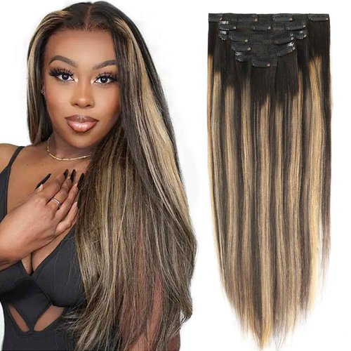 Lovrio Yaki Clip in Hair Extensions Human Hair Root Natural Black #1B to Caramel Blonde #27 Yaki Straight Clip ins Human Hair Double Weft Light Yaki Clip ins Full Head 14inch 7 Pcs With 17 Clips 120G