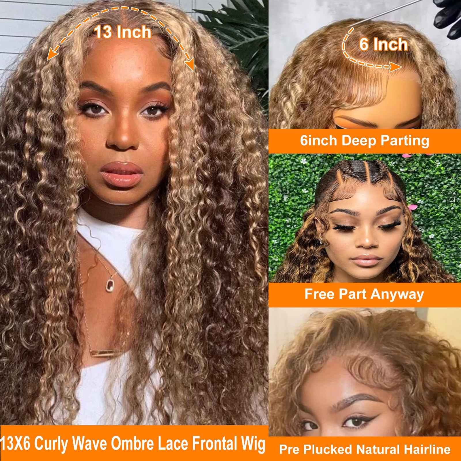 200 Density Honey Blonde Wig Human Hair 13x6 Deep Wave HD Transparent Lace Front Wigs Human Hair Pre Plucked 4/27 Highlight Ombre Jerry Curly Wet And Wavy 100% Human Hair Wigs For Black Women 28 inch