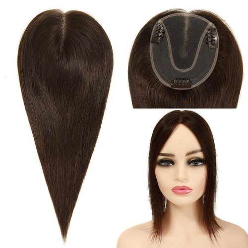 Topunique Hair Toppers for Women Real Human Hair, 4.5x5 Inch Swiss Lace Base No Bangs Top 12 Inch Length #4 Medium Brown