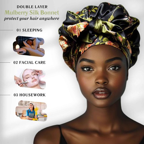 Wild Rose 100% Pure Silk Hair Bonnet Luxurious Reversible Wonder Loop Mulberry Silk for Curly Hair - Ultimate Sleeping Companion with Ties for Women - Handmade in USA