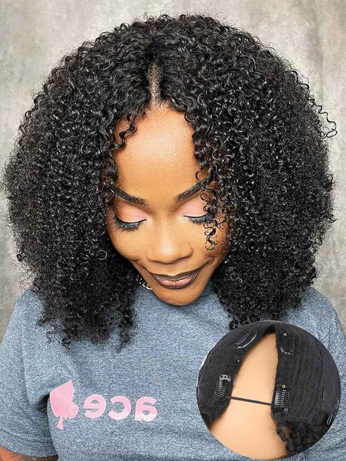 ISEE V Part Human Hair Kinky Curly Minimal/No Leave Out Upgrade U Part Wig for Black Women V Shape Kinky Curly Thin Part Glueless Clip In Half Wig 180% Density Natural Color 14 Inch