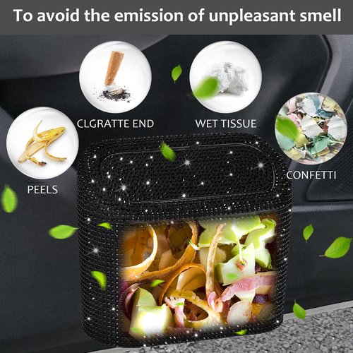 Accmor Bling Car Trash Can with Lid, Mini Vehicle Garbage Organizer Storage Bin Dustbin, Sparkling Crystal Rhinestone Holder Container with 30pcs Garbage Bags Car Accessories