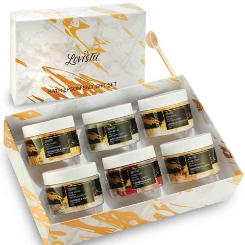 Mother's Day Epsom Salt Spa Gift Set of 6 Bath Salts - Coconut Vanilla, Jasmine Osmanthus, Eucalyptus Mint, Lavender Honey, Chamomile Rose, Grapefruit Lemon for Bath Gift Set for Women Baskets
