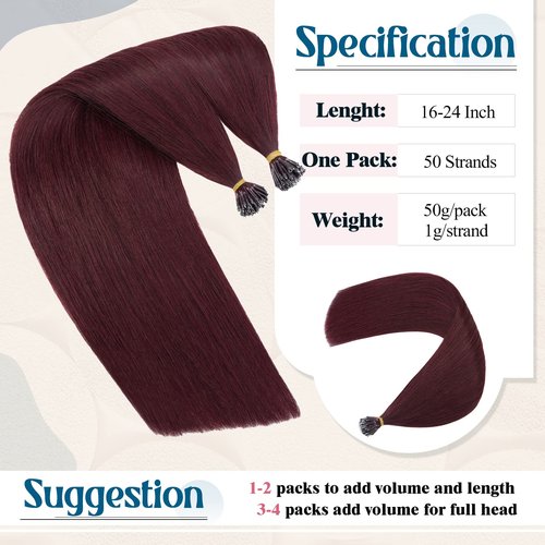 22inch Nano Beads Ring Hair Extensions Human Hair Burgundy Pre Bonded I Tip Keratin Fusion Stick Tipped Hairpiece Iron Loop Link Straight Micro Bead Remy Hair for Women Wine Red #99J 50g 50strands