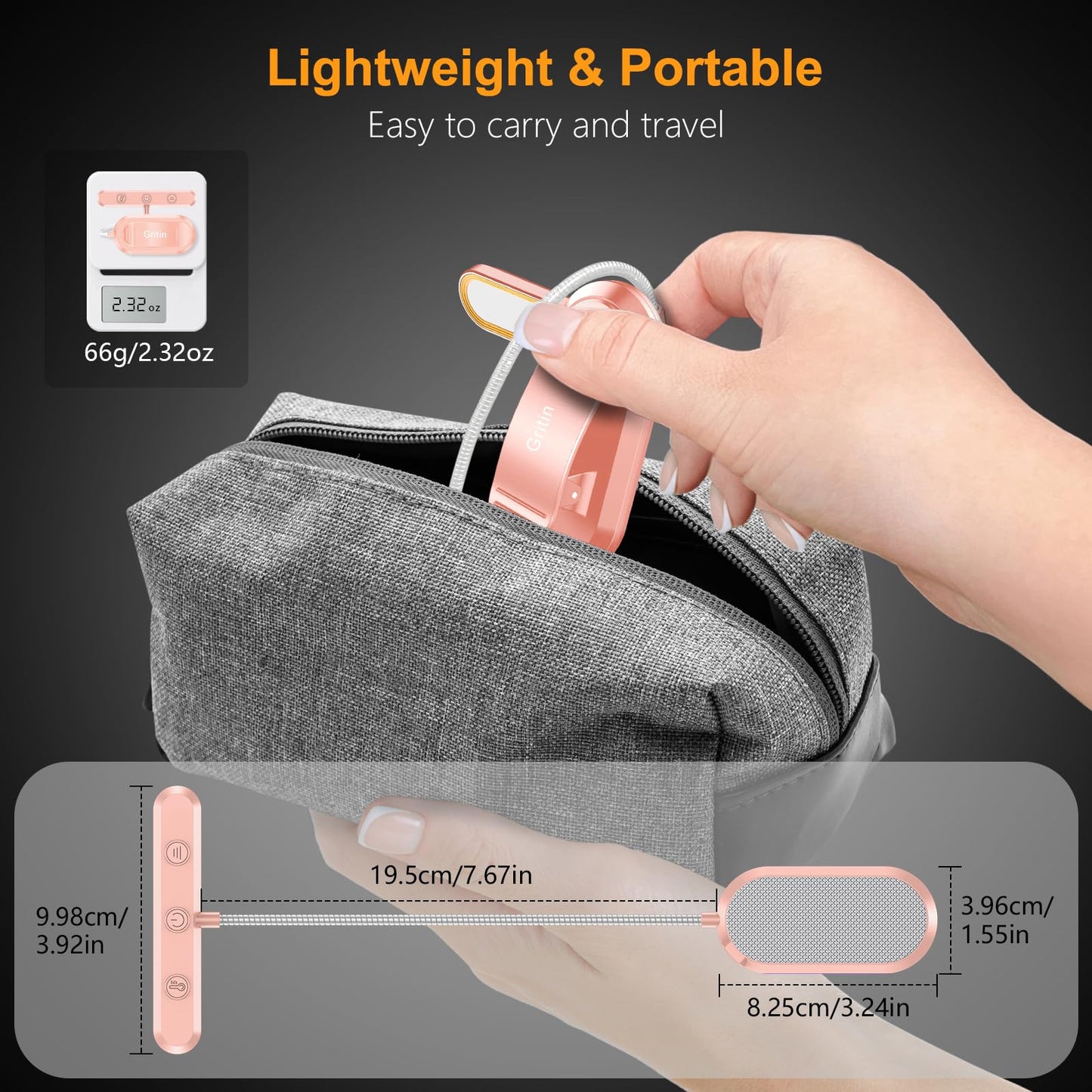 Gritin Rechargeable Book Light for Reading in Bed with 19 LED &Memory Function-Eye Caring 3 Color Temperatures,5 Brightness Levels,80 Hrs Runtime Flexible Goose Neck Clip on Light-Pink
