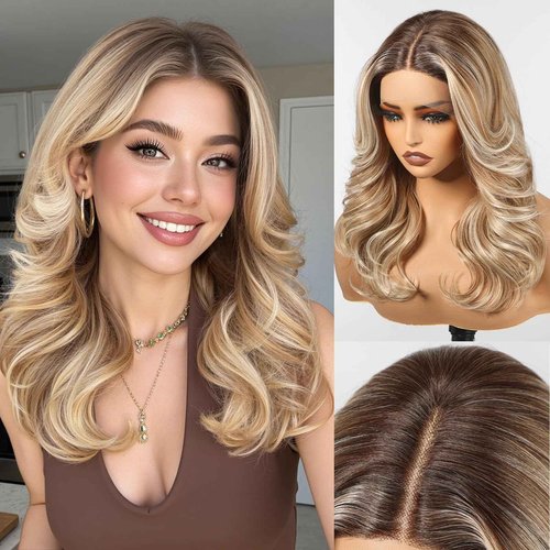 HAIRCUBE Glueless Synthetic Lace Front Wig, 18 Inch Ombre Brown Hightlight Curly Wigs, Put on Go Layered Wigs for Women Daily Use