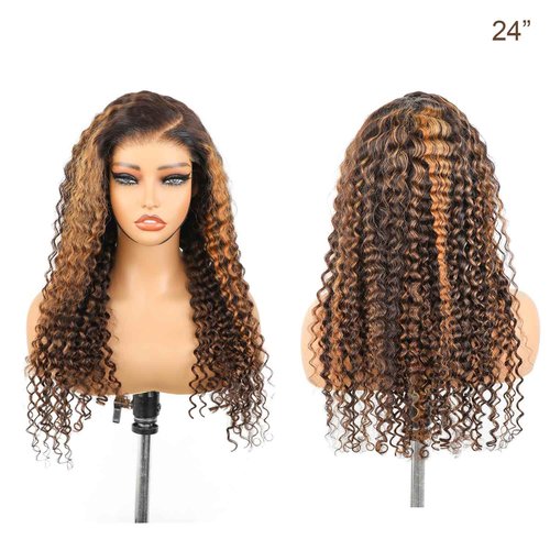 BLY Highlight Wear and Go Glueless Wig Water Wave Human Hair Wigs for Women 18 Inch 5x7 HD Lace Pre Cut Pre Plucked 2/30 Ombre Brown Colored Deep Wave Lace Front Wig 180% Density