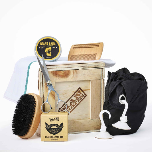 Man Crates, Beard Wrangler Mini Crate - Includes Beard Shampoo, Beard Balm, Grooming Oil, Beard Comb, Brush, & Scissors - Unique Gift for Men