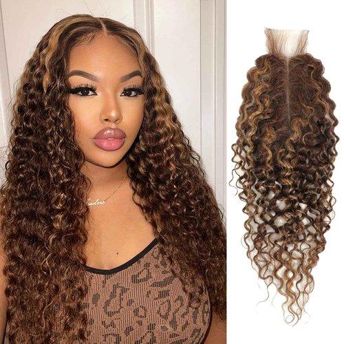 ALHER Water Wave #P4/27 Highlight 2x6 Lace Closure 16 Inch, Honey Blonde Ombre Brown and Blond Wet and Wavy 2x6 Kim K Lace Closure Pre Plucked With Baby Hair, #P4/27 Color 100% Real Human Hair Closure