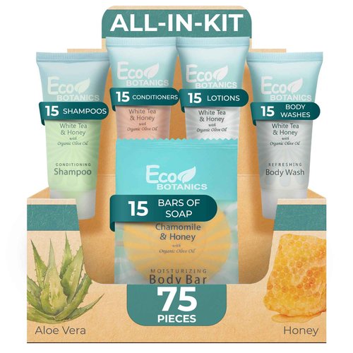 Terra Pure Eco Botanics Hotel Soaps and Toiletries Bulk Set | 1-Shoppe All-In-Kit Amenities |0.85oz Shampoo & Conditioner, Body Wash, Body Lotion & 0.89oz Bar Soap Travel Size | 75 Pieces