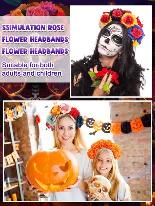 Zeyune Mexican Flower Headband Fiesta Rose Flower Crown Costume Mexican Headpiece for Women Party Cosplay Halloween(Mixed Color,16pcs)