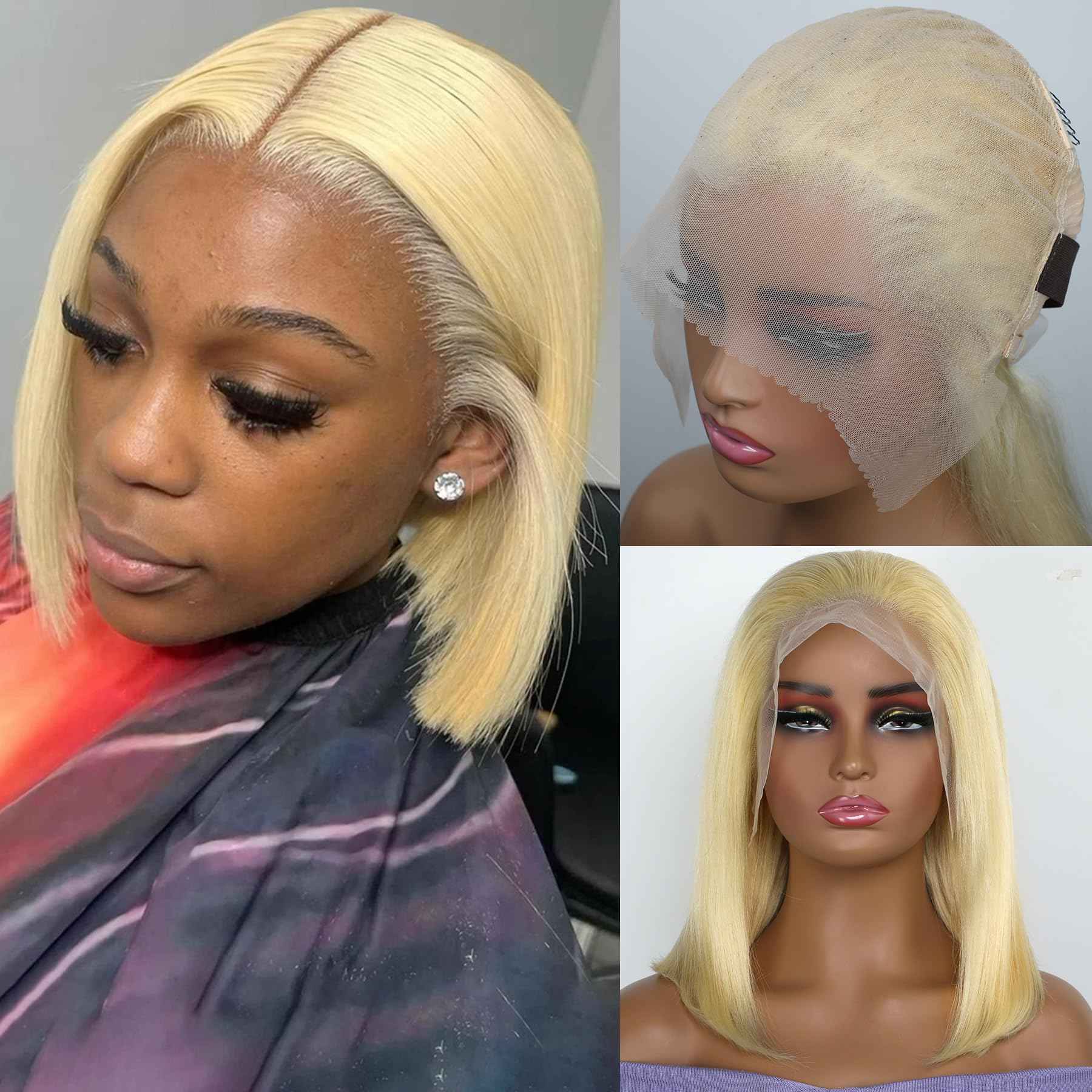 Honey Blonde 13x6 Transparent Lace Frontal Wigs For Black Women 180% Density 13x6 Blonde Short Straight Lace Bob Wigs Human Hair Pre Plucked Brazilian Remy Human Hair Blonde Glueless Lace Wig 16 Inch